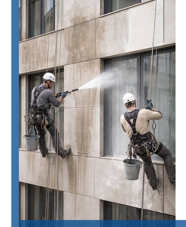 Послестроительная мойка фасада промышленным альпинизмом в Североуральске