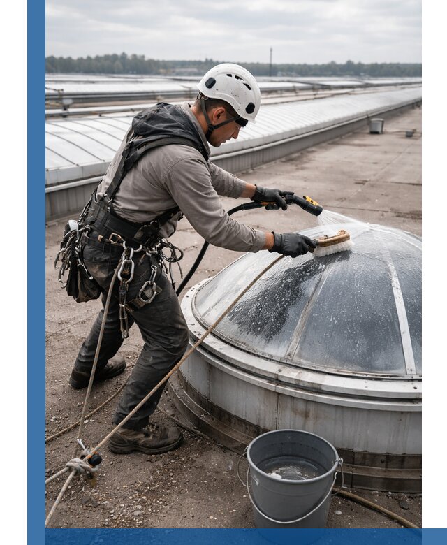 Мойка зенитных фонарей на кровле для промышленных объектов в Североуральске