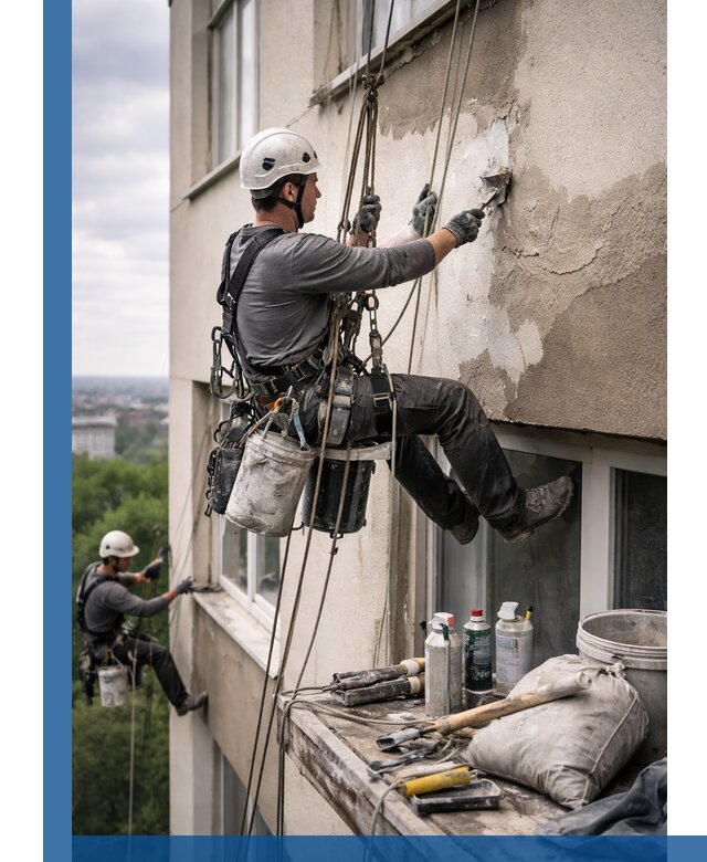 Косметический ремонт фасада зданий в Североуральске промышленными альпинистами