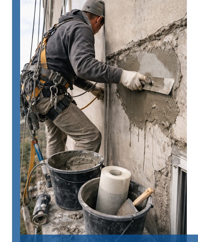 Ремонт бетонных элементов фасада промышленными альпинистами в Североуральске