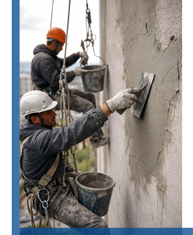 Штукатурка фасада на высоте в Североуральске профессиональные работы