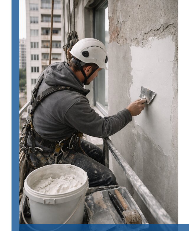 Шпаклевка фасадов на высоте с промальпинистами в Североуральске