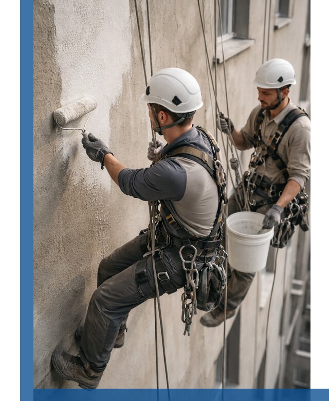 Грунтовка фасада на высоте в Североуральске промышленными альпинистами