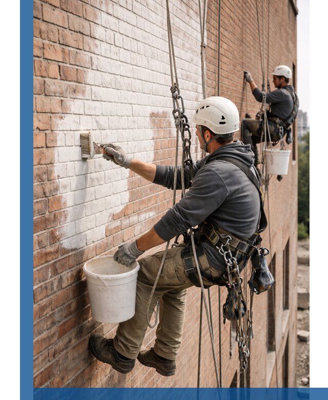 Покраска кирпичного фасада с доступным альпинистским сервисом в Североуральске