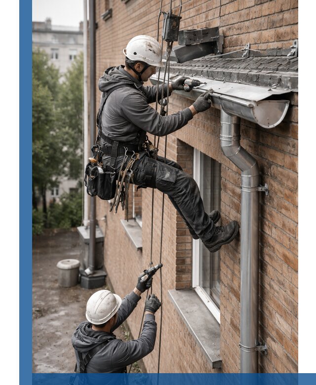 Монтаж водосточной системы на здании в Североуральске под ключ