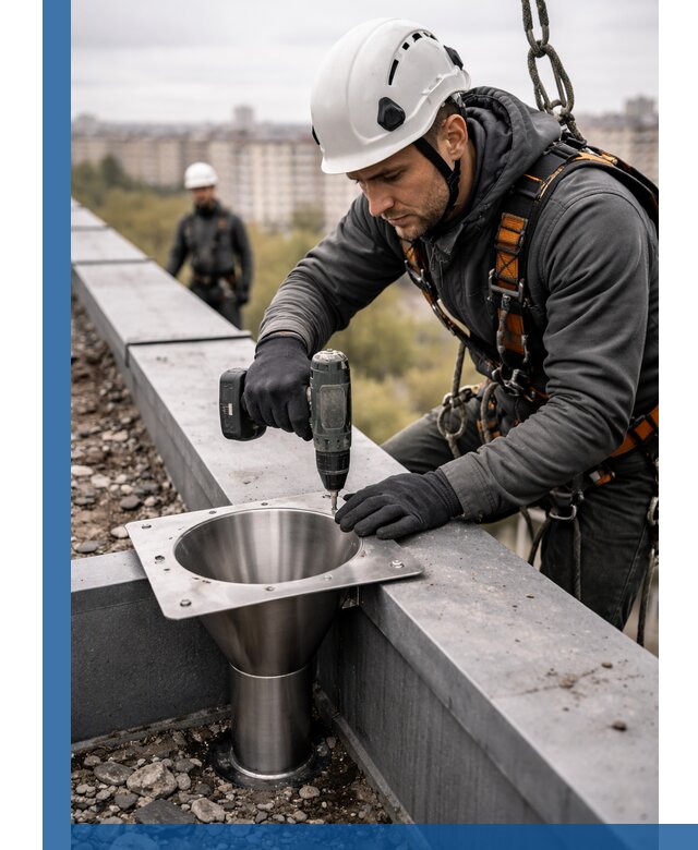 Монтаж водосточных воронок в Североуральске для промышленных зданий