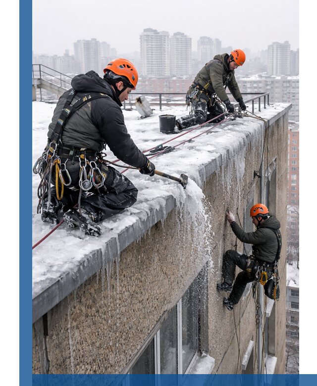 Удаление наледи с кровли в Североуральске промышленными альпинистами