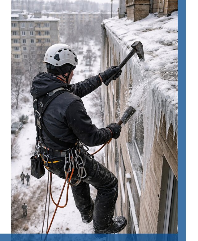 Сбивание сосулек с крыши в Североуральске по цене от 4635 р. | ВЫСОТНИК-Сву