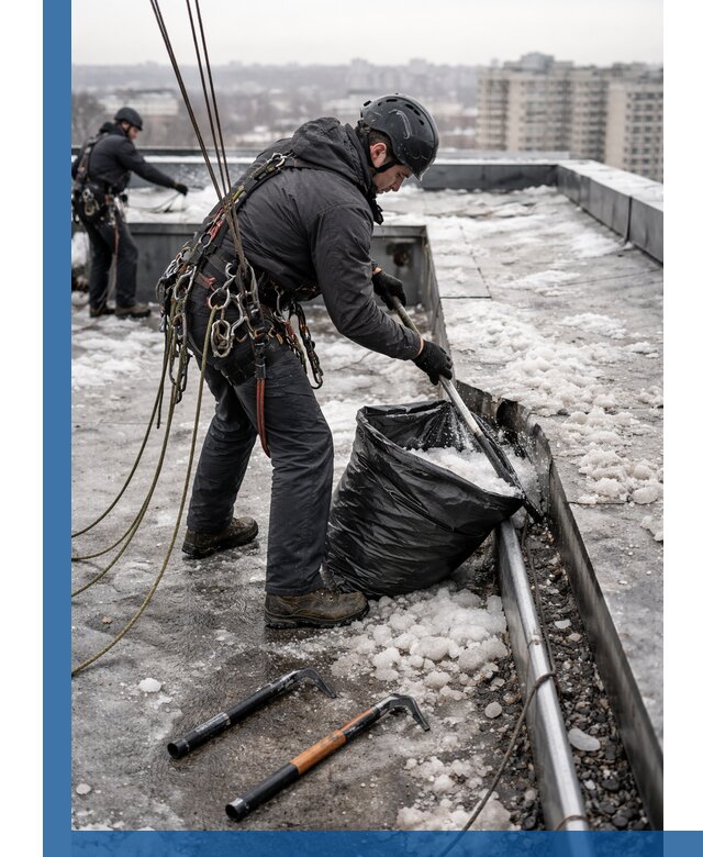 Аварийная очистка кровли в Североуральске от промальпинистов