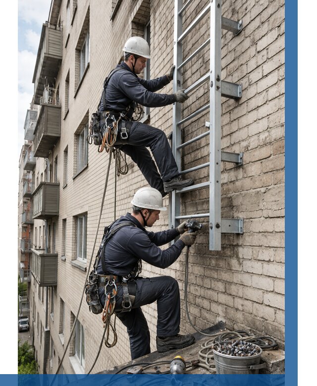 Монтаж пожарной лестницы в Североуральске от 25753 р заказать у ВЫСОТНИК-Сву
