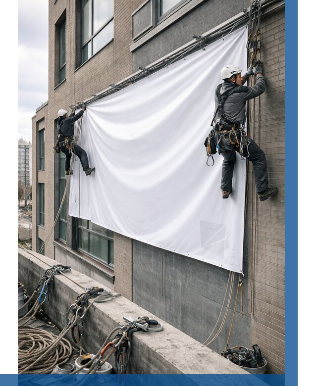 Монтаж баннеров на фасаде в Североуральске от 670 р. заказать ВЫСОТНИК-Сву