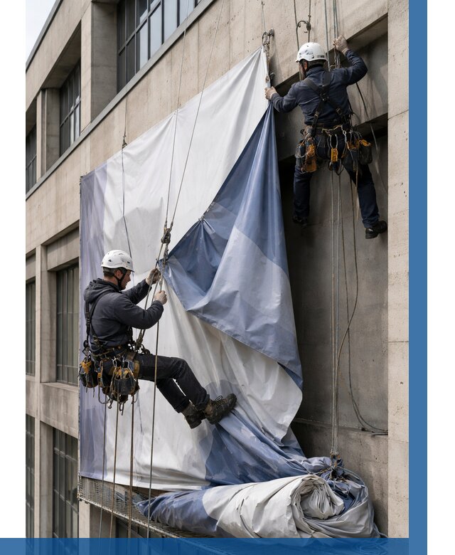 Демонтаж баннеров с фасада в Североуральске от 4635 р. | ВЫСОТНИК-Сву
