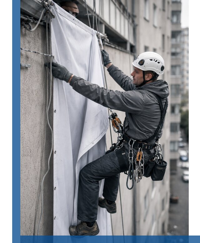 Замена баннерного полотна промышленными альпинистами в Североуральске