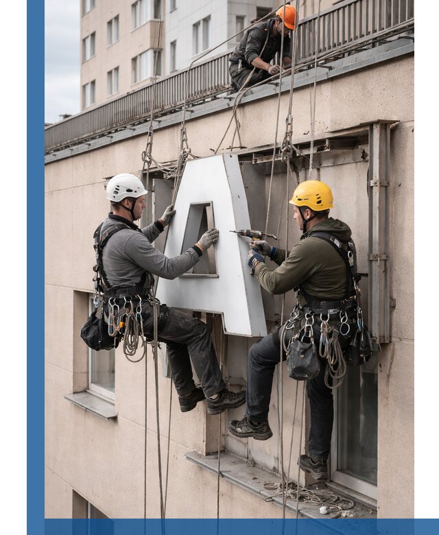 Ремонт и восстановление наружных вывесок на высоте в Североуральске