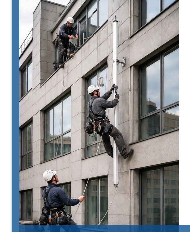 Монтаж флагштока на фасаде здания с креплением и герметикой в Североуральске