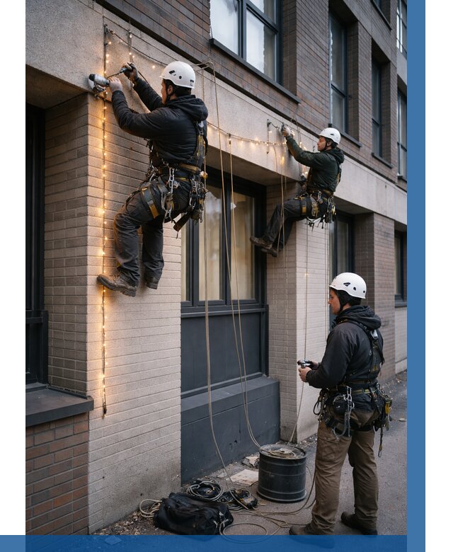 Монтаж гирлянд на фасаде в Североуральске от 3605 р. | ВЫСОТНИК-Сву