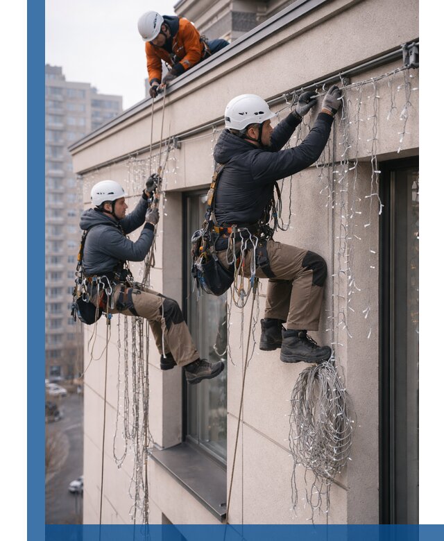 Монтаж праздничных гирлянд на фасаде в Североуральске для зданий