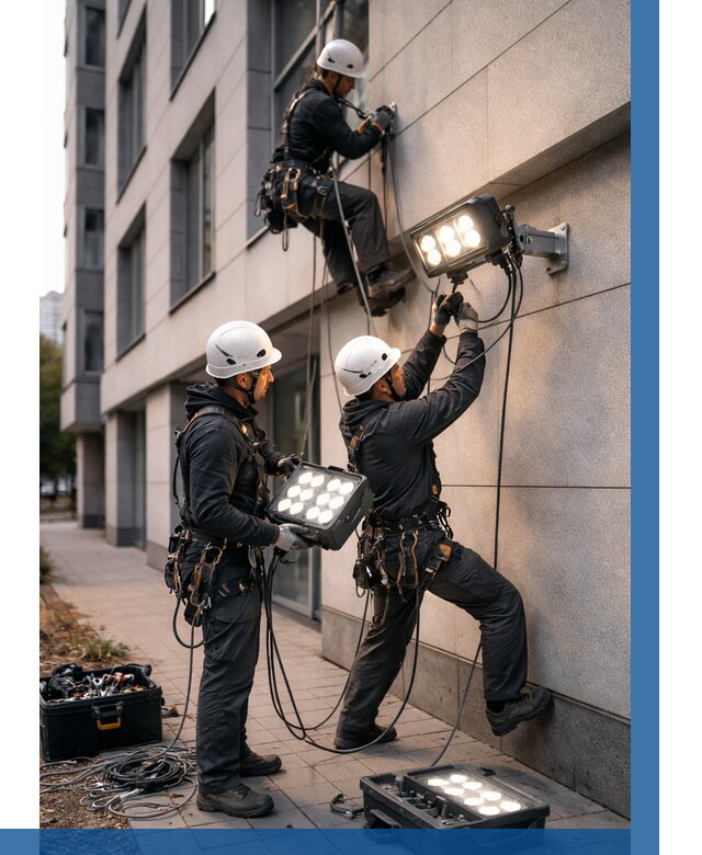 Монтаж прожекторов на фасаде в Североуральске от 7726 р. | ВЫСОТНИК-Сву