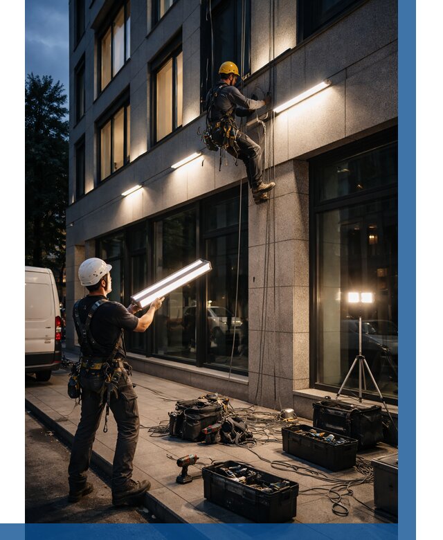 Монтаж архитектурной подсветки здания в Североуральске от 2575 р.|ВЫСОТНИК-Сву