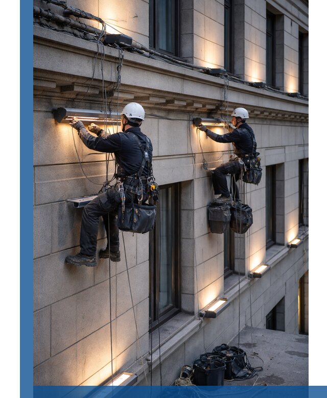 Монтаж архитектурной подсветки фасадов зданий в Североуральске