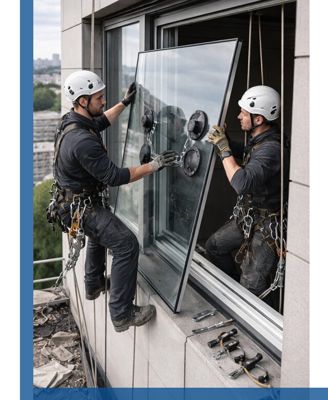 Замена стеклопакетов на высоте с промышленными альпинистами в Североуральске