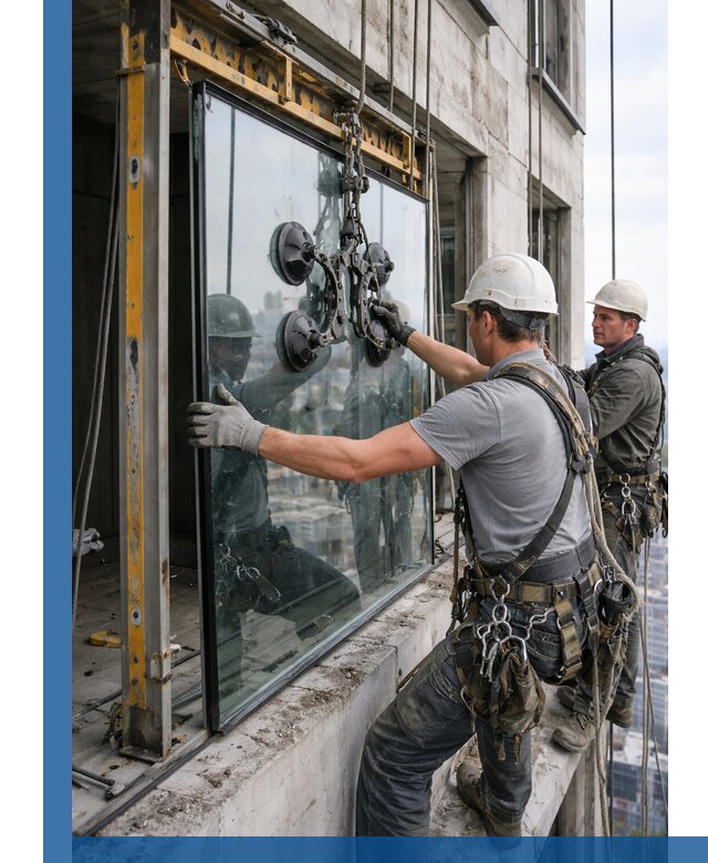 Монтаж стеклопакетов на высоте в Североуральске с промышленным альпинизмом