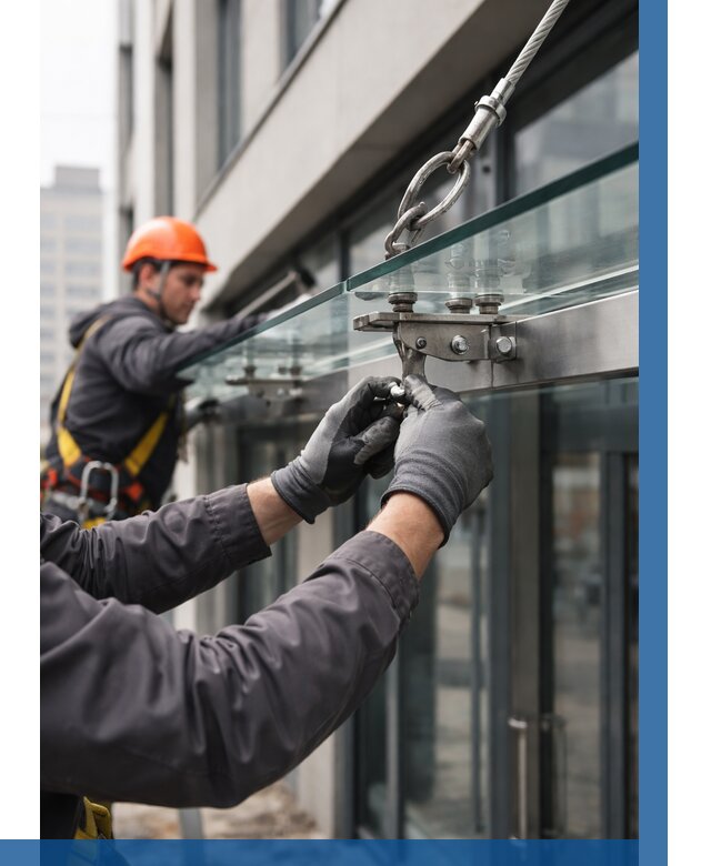 Монтаж стеклянных козырьков в Североуральске от 8756 р. | ВЫСОТНИК-Сву