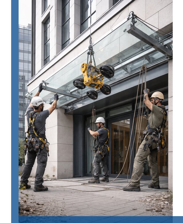 Монтаж стеклянных козырьков под ключ в Североуральске для зданий