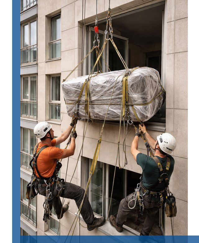 Подъем грузов через окно в Североуральске промышленными альпинистами