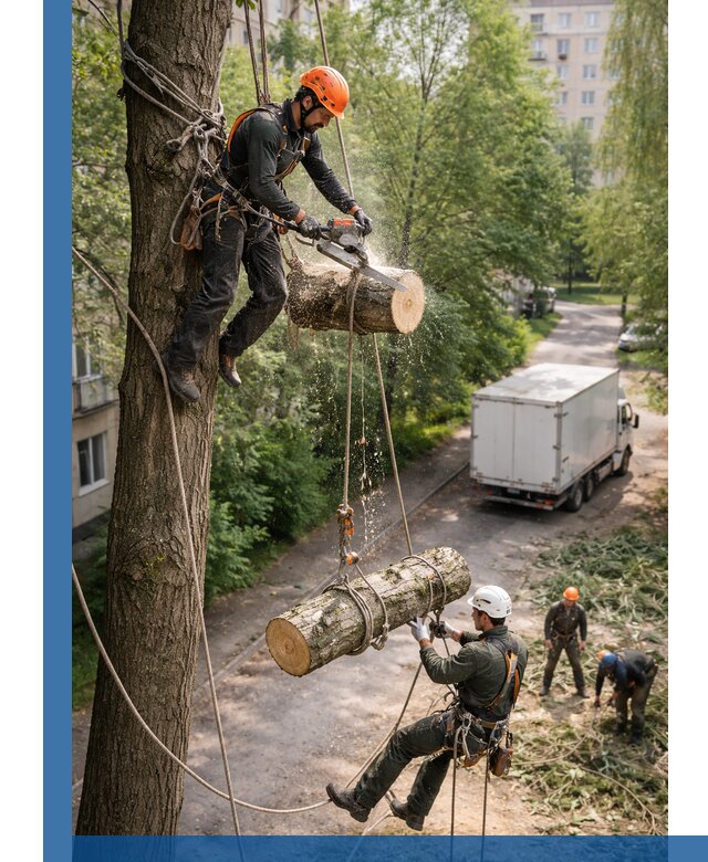 Спил деревьев альпинистами в Североуральске, безопасно и без повреждений