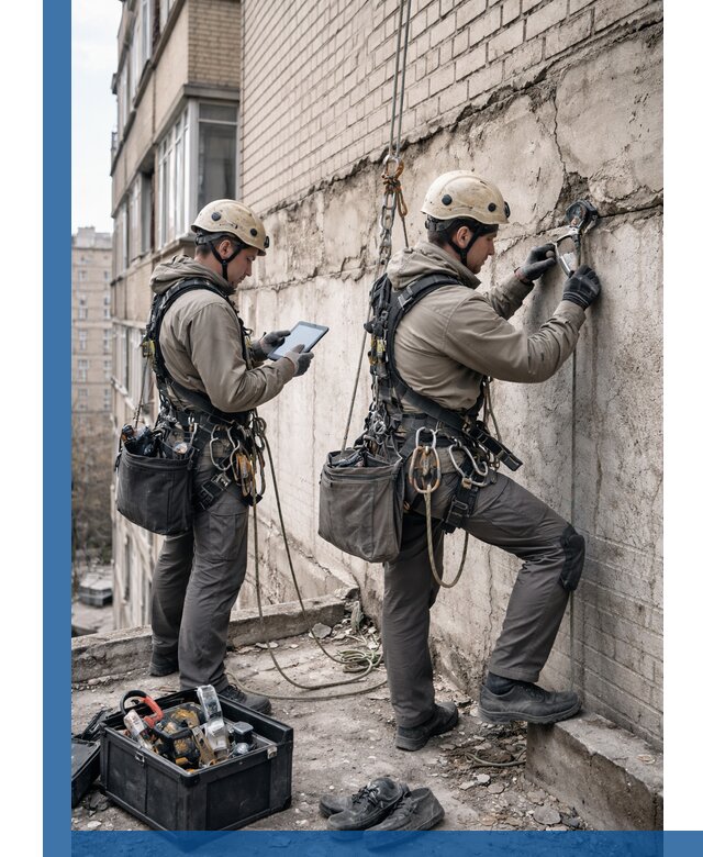 Обследование фасада промышленными альпинистами в Североуральске